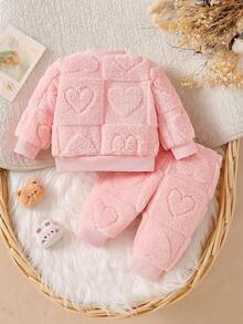 SHEIN 2件組新生女嬰套裝，可愛粉色熊刺繡蝴蝶結毛絨長袖套頭上衣與長褲，加厚冬季派對穿搭，2026秋冬款 - 粉色 - 查看 2