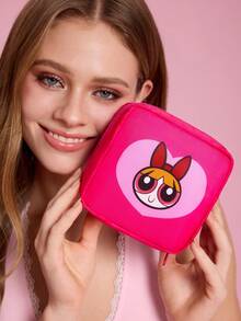 THE POWERPUFF GIRLS X SHEIN 可愛愛心卡通印花收納包，聚酯纖維布料，拉鍊開合，適用於化妝品、數位配件與衛生用品，可單件或套組購買，適合日常旅行 - 粉綠藍 - 查看 5