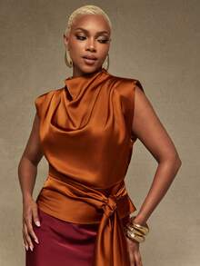 Vixey Padded Shoulder Mock Neck Side Tie Satin Draped Top, Summer/Spring Elegant Top, Chic Top, Work To Weekend, Easy Layering - Rust Brown - View 3
