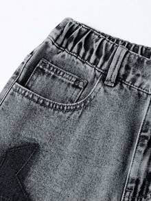 SHEIN ChillGRL Y2K街头风休闲宽松牛仔短裤，适合青少年女孩，浅蓝色水洗牛仔布，饰有做旧雪花和星星刺绣，弹性腰带。 - 淺灰色 - 查看 6