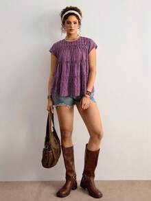 Freevana Plus Size Ruffle Hem Summer Casual Plaid Shirt - Purple - View 7