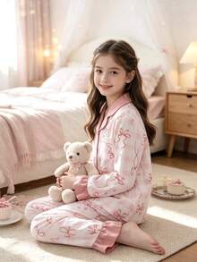 SHEIN 甜美風櫻桃與蝴蝶結印花女童長袖開襟衫與長褲兩件套，休閒舒適居家服 - 彩色 - 查看 5