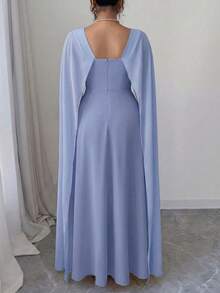 Elenzga Plus Size Women's Pale Yellow Cape Sleeve Evening Dress, Square Neck Waist-Cinching Beaded Chiffon Dress, Suitable For Wedding Guests, Mature Dating, Formal Occasions, Gentle Pale Yellow With Ethereal Atmosphere, Cape Sleeve Design Conceals Arms And Looks Elegant, Beaded Accents Exquisite And Luxurious, High Waist A-Line Full Skirt Conceals Body And Slims, Easily Create A Gentle And Noble Look - Blue - View 2