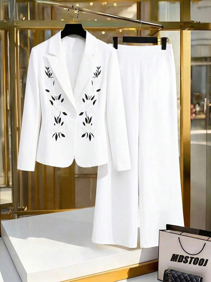GlowEve CURVE Versatile Premium Heavy Embroidery Plus Size Women's Jacket And Pants 2 Pieces Set - White - View 1