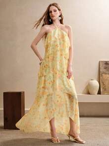 SHEIN Holidaya Vestido de vacaciones con cordones estampado, suelto, sin mangas, tirantes finos, camisola floral, playa, naranja, verano, tropical, bohemio - amarillo ganso - Ver 7