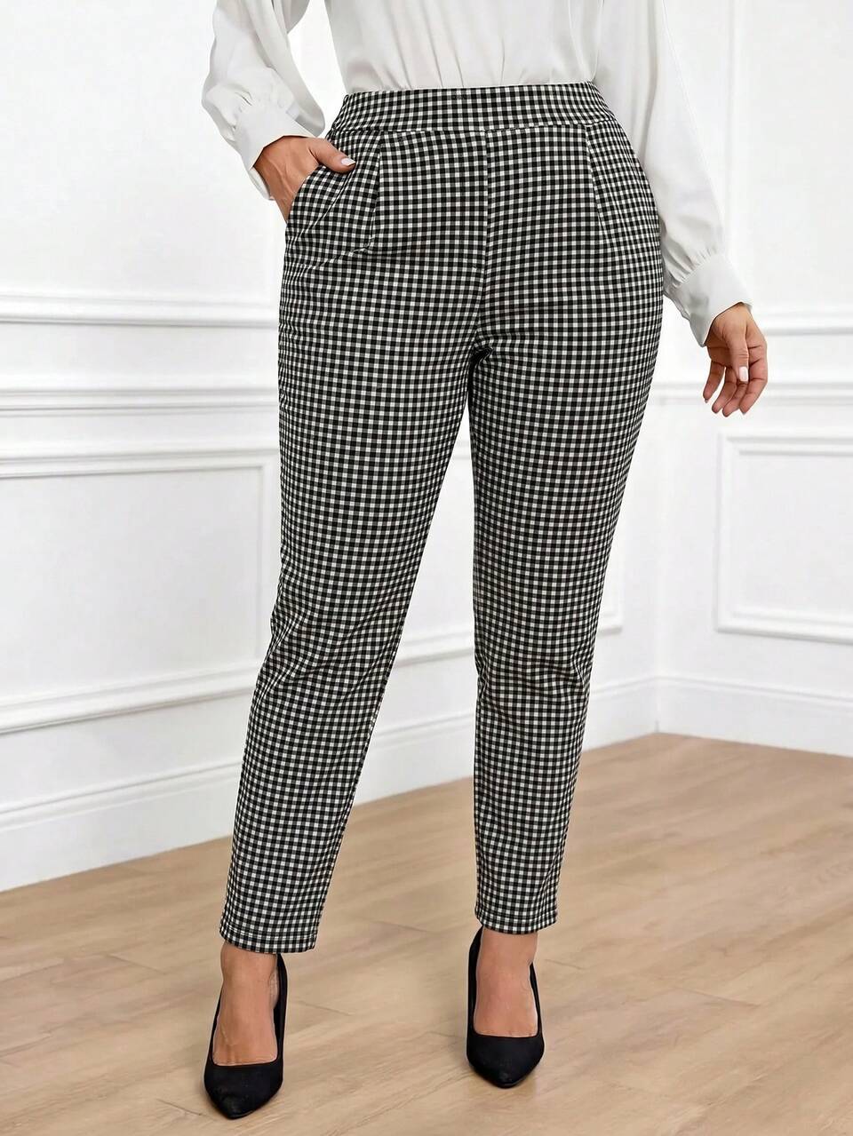 Plus Size Women's Autumn/Winter Casual Elegant Fashion Commuter Black And White Plaid Long Pants With Pockets, Going Out , Fall