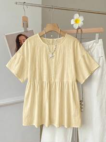 SHEIN EZwear 100%純棉奶油黃編織女款襯衫，夏季上衣，適合日常通勤、約會、聚會、秋冬/夏季、聖誕節、新年、感恩節、派對、婚禮、海灘、畢業典禮、時尚、優雅、休閒、外出、約會、預約、通勤、亮面、情人節、優雅、度假、假期 - 淡黃色 - 查看 3