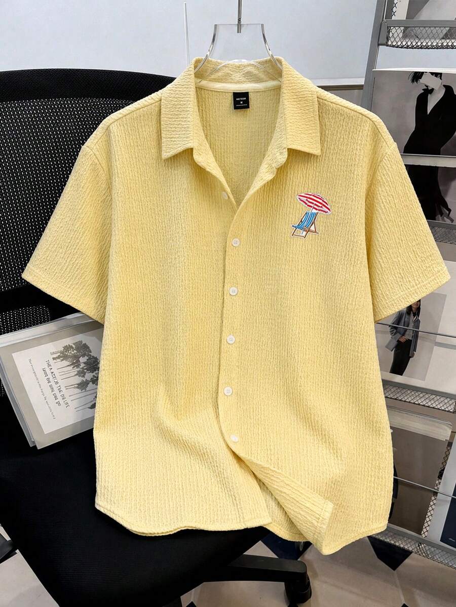 Manfinity Joysei 男士黃色紋理布料修身襯衫,度假刺繡貼布裝飾襯衫,清新夏季,送給男友的完美貼心禮物 - 黃色 - 查看 1