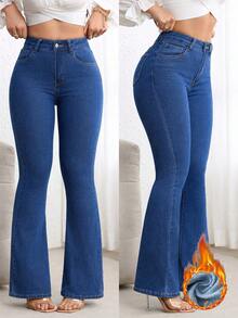 SHEIN ICON Casual Washed Slim Fit Flare Leg Denim Jeans - Blue - View 1