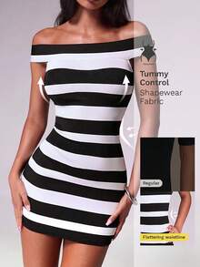 Nuvra Striped Off-Shoulder Waist-Cinching Slimming Short Dress - Black and White - View 10
