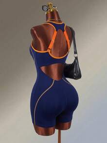 Amplova Marineblau + Orange Farbblock Rückenfrei Neckholder Sport-Romper - marineblau - Übersicht 8