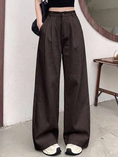 DAZY Celana Panjang Wanita Kasual Bisnis Warna Polos Model Lebar untuk Musim Gugur