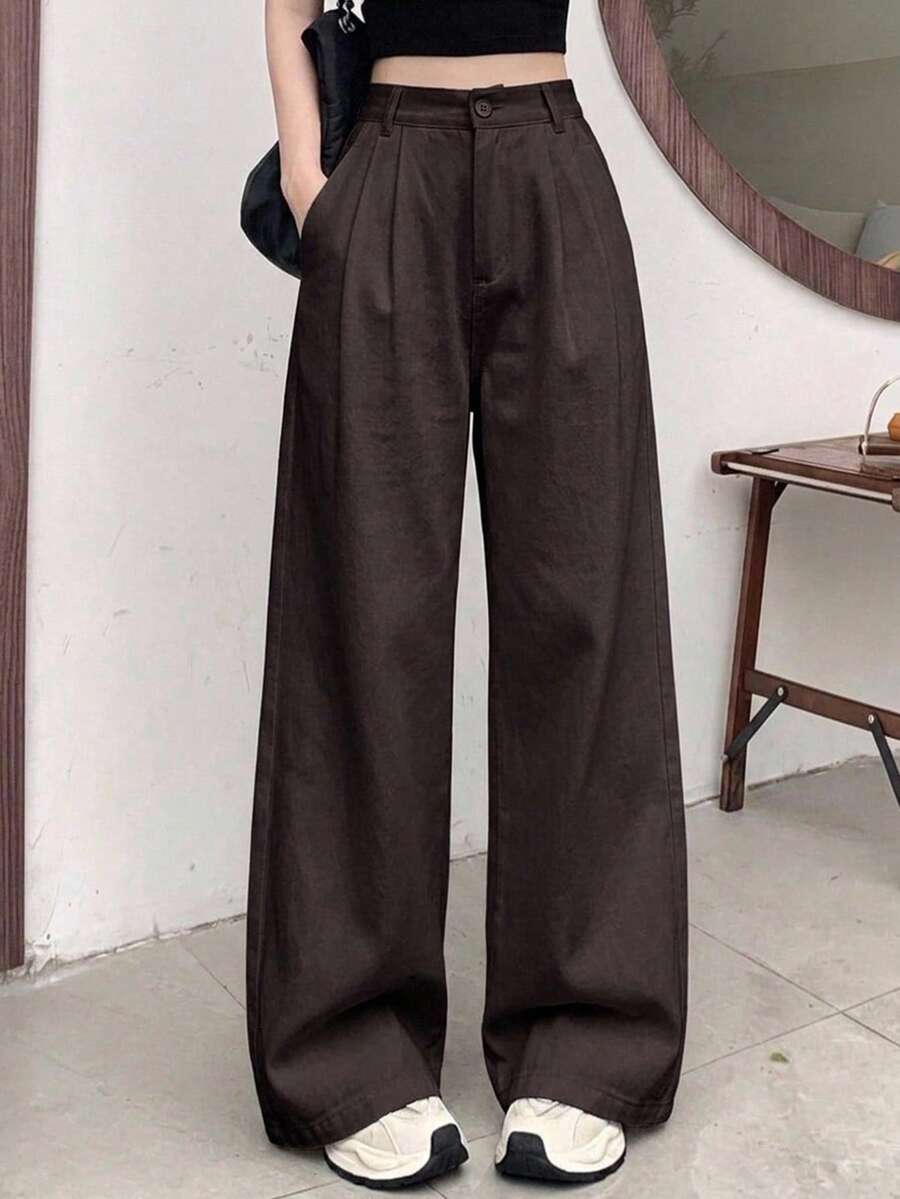 DAZY 女款商務休閒純色寬腿長褲 秋季 - 棕色 - 查看 1