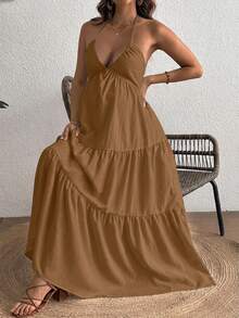 Cheriluna Maternity Comfortable Halter Neck Backless Maternity Dress - Brown - View 4
