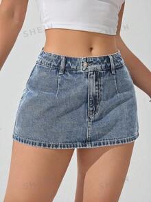 SHEIN ICON 女士纯色简约休闲牛仔裙 - 霧霾藍 - 查看 7