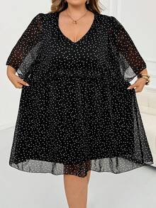 SHEIN CURVE+ Plus Size French Fashion Polka Dot Print Ruffle V-Neck Dress Fall - Black and White - View 5