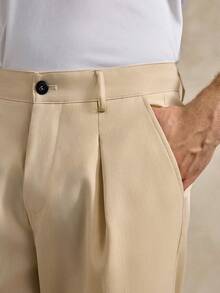 Courvante Men's Casual Commuter Slant Pocket Solid Color Pants, Beige Pants, Business Formal Style, Fall, Old Money - Apricot - View 6