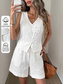 Easowa Vest Shirt And Diagonal Pocket Elastic Waist Wide Leg Shorts 5-Point Pants Set, 100% Cotton Traceable Cotton Fabric,Autumn/Winter Women's 2-Piece Set - White - View 2