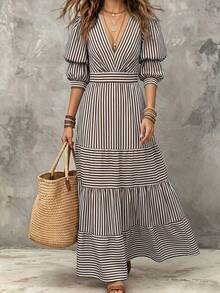LUMIGAL Women's Striped Deep V-Neck Ruffle Hem Casual Vacation Dress - Coffee Brown - View 1