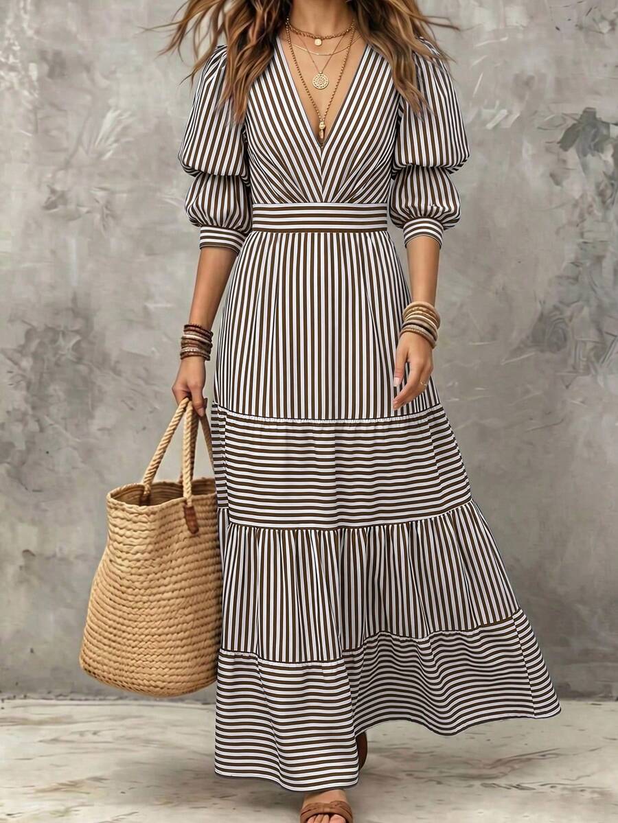 LUMIGAL Women's Striped Deep V-Neck Ruffle Hem Casual Vacation Dress - Coffee Brown - View 1