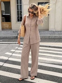 Serisse 女款休閒通勤度假早午餐粉色與白色條紋襯衫長褲兩件套秋季 - 棕色 - 查看 1