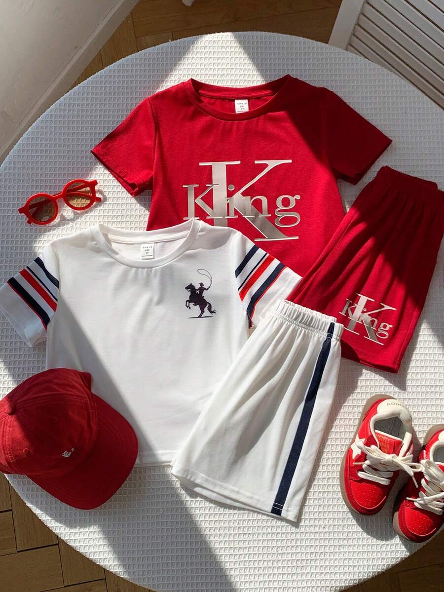 SHEIN 小男孩新款休閒極簡學院風度假風條紋 King 多件組 2 套裝圓領短袖 T 恤與短褲兩件套,適合夏季、街頭風、日常穿著、度假、春夏時尚、夏季穿搭,舒適好穿,適合兒童疊穿,時尚休閒童裝,兒童運動學院風數位圖案 T 恤,返校季夏季衣著,返鄉節 - 彩色 - 查看 1
