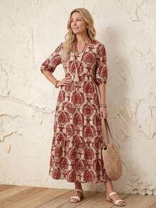 SHEIN LUNE Women's Casual Mid-Length Dress With Small V-Neck, Mid-Sleeves And Color Block Patchwork Design, Spring/Summer - Redwood - View 4