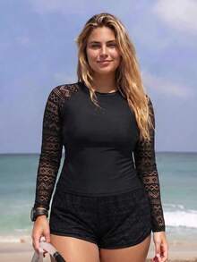 SHEIN Swim 大尺碼女款 2 件式純色長袖收腹坦基尼泳衣，黑色夏季保守街頭風，適合海灘度假派對 - 黑色 - 查看 4