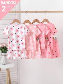 SHEIN 4件組少女可愛蝴蝶結與愛心印花短袖短褲針織睡衣家居服套裝 - 彩色 - 查看 3
