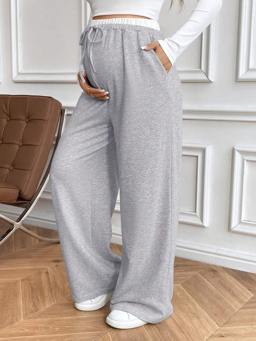 SHEIN 孕婦休閒百搭直筒長褲 秋季 - 灰色 - 查看 1