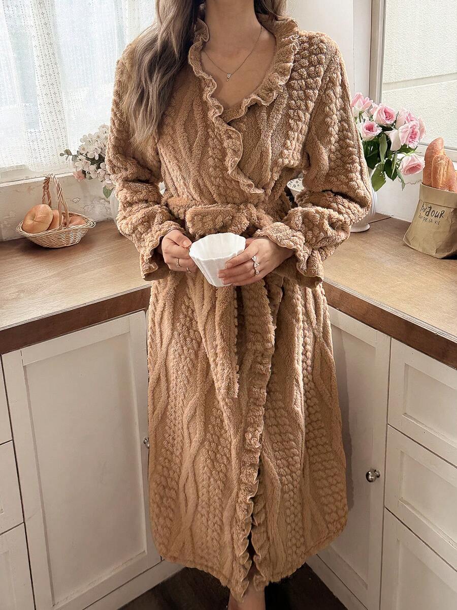 Snug Reverie Long Sleeve Patchwork Wood Ear Trim Floral Velvet Long Robe, Autumn/Winter - Khaki - View 1