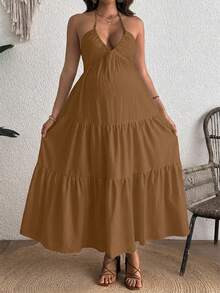 Cheriluna Maternity Comfortable Halter Neck Backless Maternity Dress - Brown - View 3