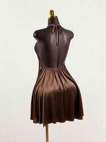SaltGleam SaltGleam Women's Solid Color Pleated Halter Tie Backless Sexy Casual Dress - Brown - View 1