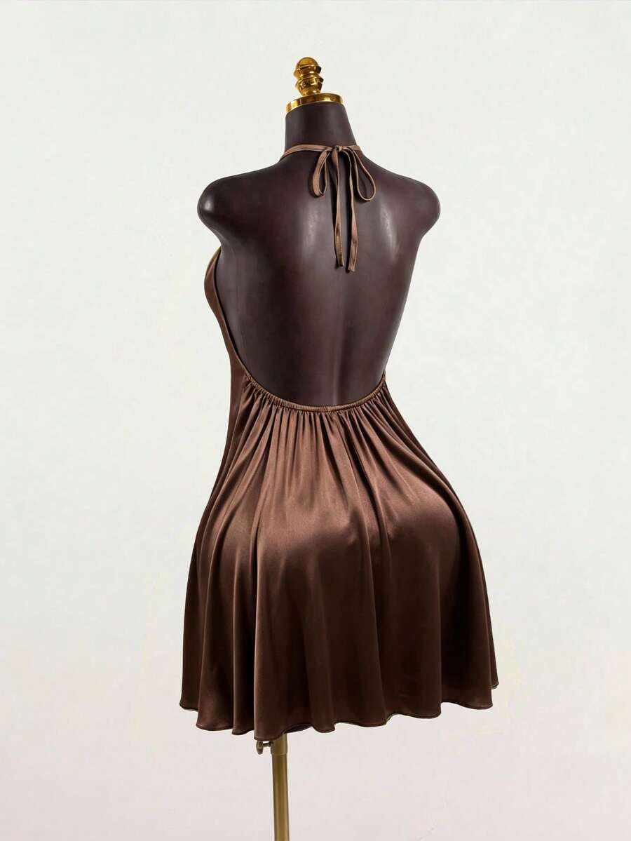 SaltGleam SaltGleam Women's Solid Color Pleated Halter Tie Backless Sexy Casual Dress - Brown - View 1