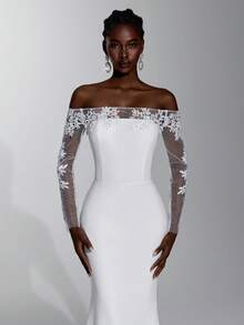 Elitara Classy White Lace Illusion Long Sleeve Cold Shoulder Satin Mermaid Fitted Floor-Length Sweep Train Bridal Church Dinner Evening Dress Fall - White - View 3