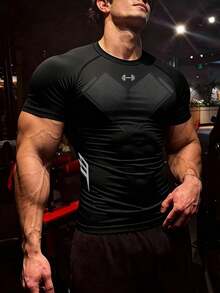 GymBeat 男士槓鈴印花休閒百搭日常穿著運動T恤 - 黑色 - 查看 1