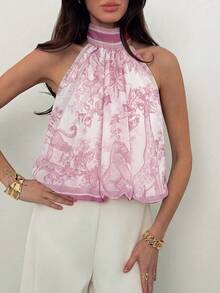 Aloruh Printed Chiffon Halter Neck Women's Top - Pink - View 4