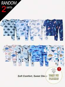 [8 Sets Randomly Send 2 Sets]Baby Boys Pajamas Cute Cartoon Print Short Sleeve Long Pants Knit Snug Fit Pajama Set - Multicolor - View 1
