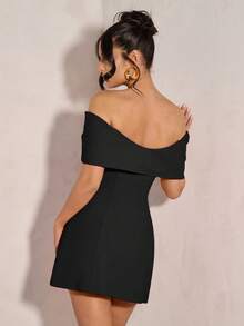 SHEIN BAE 女士优雅露肩蝴蝶结鸡尾酒会连衣裙，适合秋冬季派对、约会之夜、夜店 - 黑色 - 查看 2