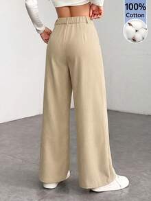 SHEIN PETITE Low Waist Solid Color Wide Leg Pants, Cotton Corduroy, Comfortable For Autumn/Winter - Apricot - View 2