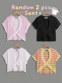 SHEIN Girlism Conjunto de 2 piezas casual y lindo para niña preadolescente, camiseta de manga corta con cuello redondo, espalda abierta cruzada y líneas de contraste, estilo mamá e hija, a rayas rosas, negro y blanco escolar - Multicolor - Ver 1