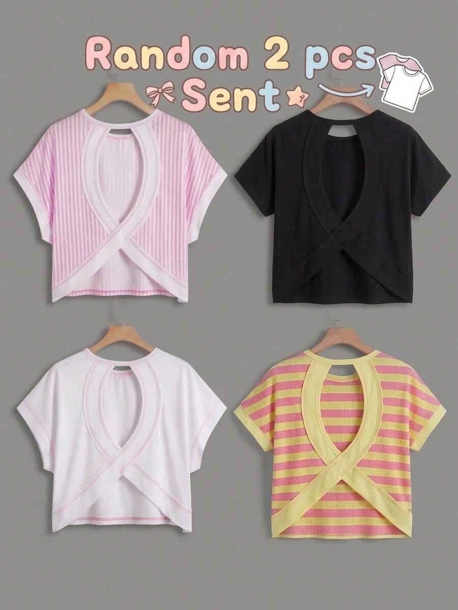 SHEIN Girlism Conjunto de 2 piezas casual y lindo para niña preadolescente, camiseta de manga corta con cuello redondo, espalda abierta cruzada y líneas de contraste, estilo mamá e hija, a rayas rosas, negro y blanco escolar - Multicolor - Ver 1
