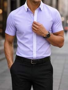Manfinity Mode Men's Business Casual Light Color Striped & Solid Color Patchwork Short Sleeve Shirt - Mauve Purple - View 4