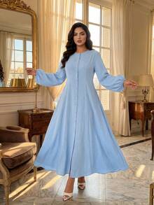 SHEIN Lady CURVE Plus Size Solid Color Lantern Sleeve Front Button Dress Evening Formal Birthday Light Blue Autumn Elegant Fall - Blue - View 3