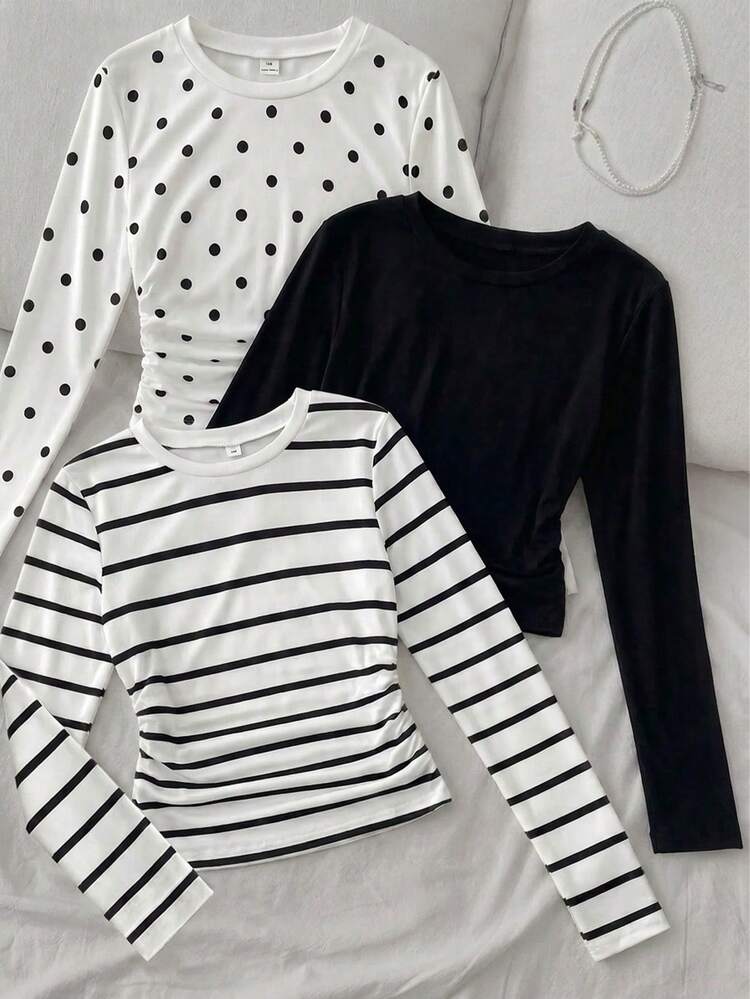 SHEIN Sparklyn Tween Girls 3pcs Girls Knit Tops, Black Polka Dot, White Stripe, Solid Black, Casual, Fitted, Minimalist, Back To School, Ruched, Slim, Warmth - Multicolor - View 8