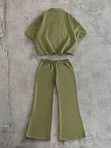 AXEPEAK Men's Casual Solid Color Shirt And Pants Set - Army Green - View 3
