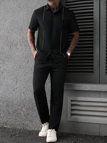 Manfinity Homme 男士拼色短袖襯衫與長褲休閒日常穿搭 - 黑色 - 查看 1