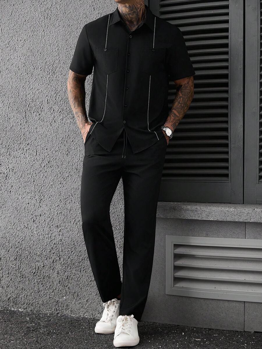 Manfinity Homme 男士拼色短袖襯衫與長褲休閒日常穿搭 - 黑色 - 查看 1