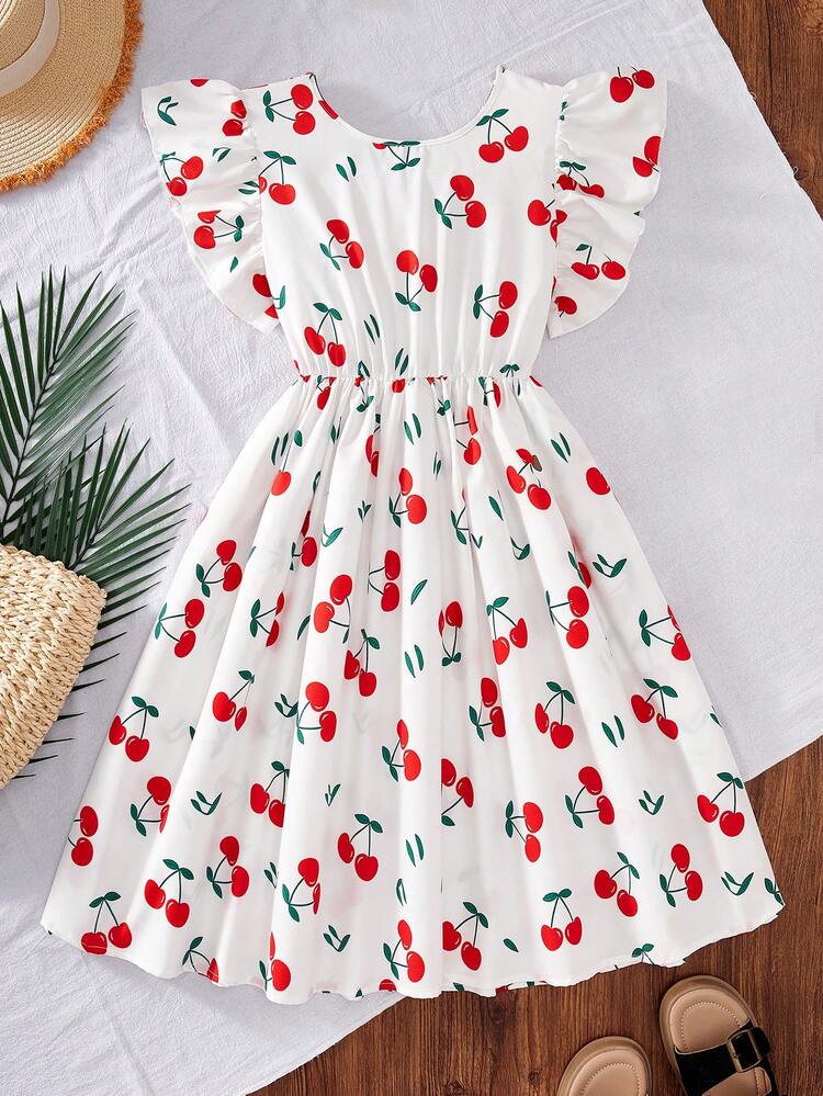 Tween Girl Cherry Print Ruffle Casual Dress, Suitable For Daily Wear, Birthday Party, Vacation And Other Occasions - White - View 2