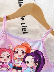 2pcs Young Girl Comfortable Soft Knit Camisole Shorts Set, Ruffled Design, Cute Pattern, Ideal Gift - Multicolor - View 3